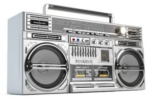 Retro ghetto blaster boombox, radio and audio tape recorder isolated on white.